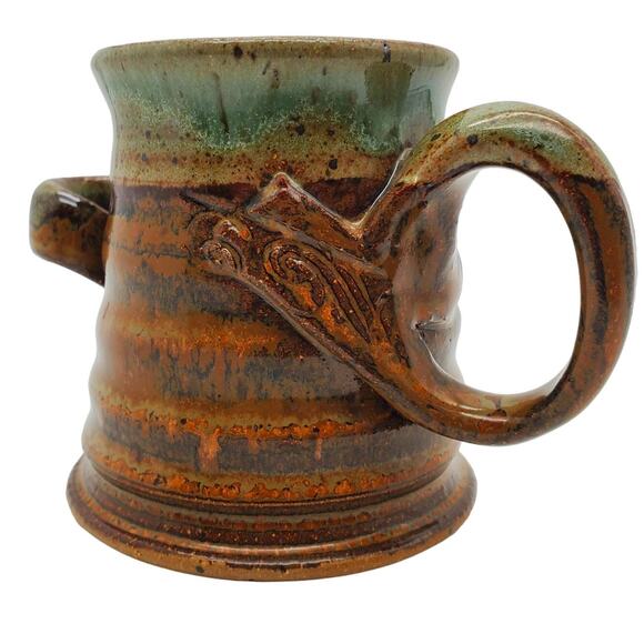 Small Pottery Espresso Cup Kline Tea Mug Spoon Holder Green Brown Studio Rustic - Picture 1 of 9